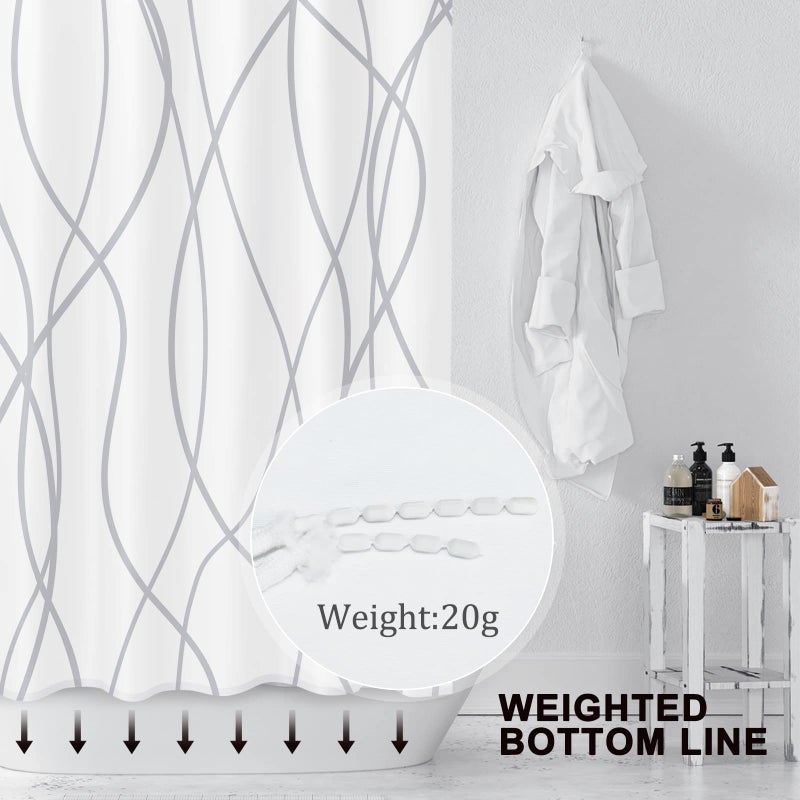Punkray Grey and White Striped Fabric Shower Curtain for Bathroom with 14 Hooks, Shower Curtains for Bathroom Decor, Waterproof Bath Accessories Hotel Style - Machine Washable 96 X 72 - Image 2